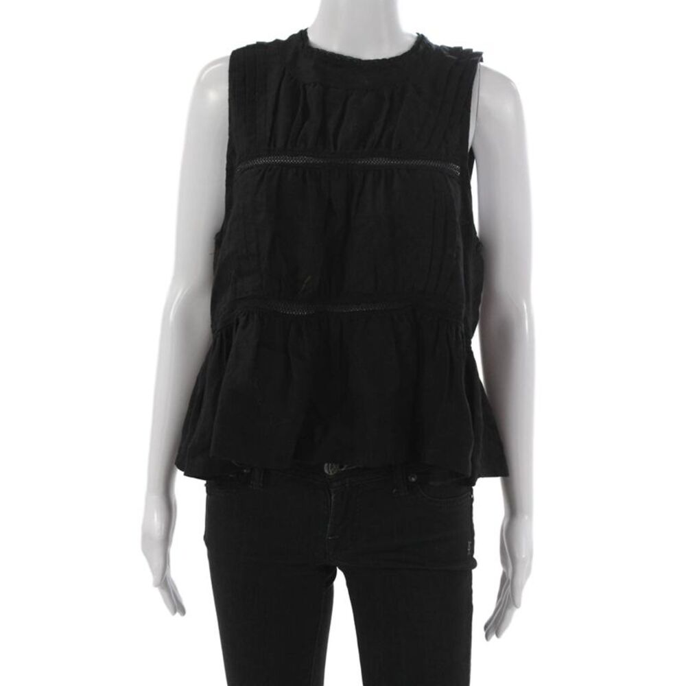 McGuire Womens Peplum Linen High Neck Sleeveless Black Blouse Size M
